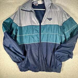Vintage 90s Pony Colorblock Hooded Nylon Windbreaker Blue Teal Gray Men's Medium